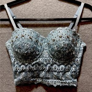 Windsor Light Blue Lace Bustier Soft Glam Corset Bling Rhinestone Top Size S EUC